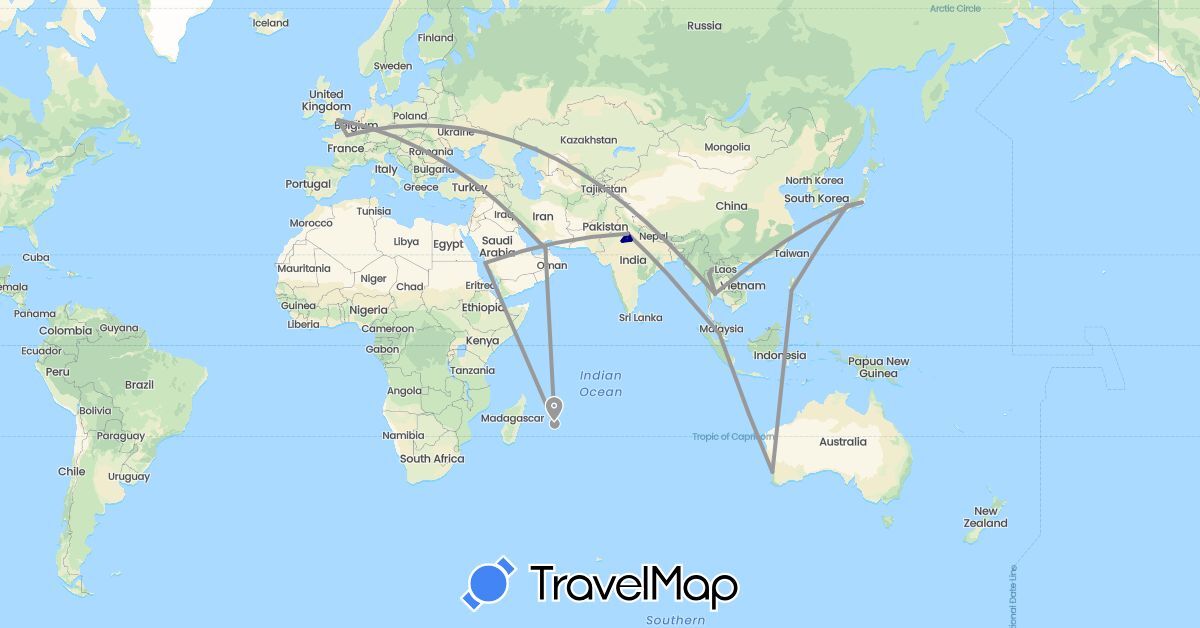 TravelMap itinerary: driving, plane, train in United Arab Emirates, Australia, France, United Kingdom, India, Japan, Mauritius, Malaysia, Philippines, Saudi Arabia, Thailand (Africa, Asia, Europe, Oceania)